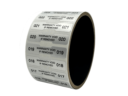 250 TamperVoidPro® Tamper Evident Security Labels Seal Sticker, Dogbone Shape Size 1.75" x 0.375 (44mm x 9mm). Printed: Warranty Void if Label Removed + Serialization.
