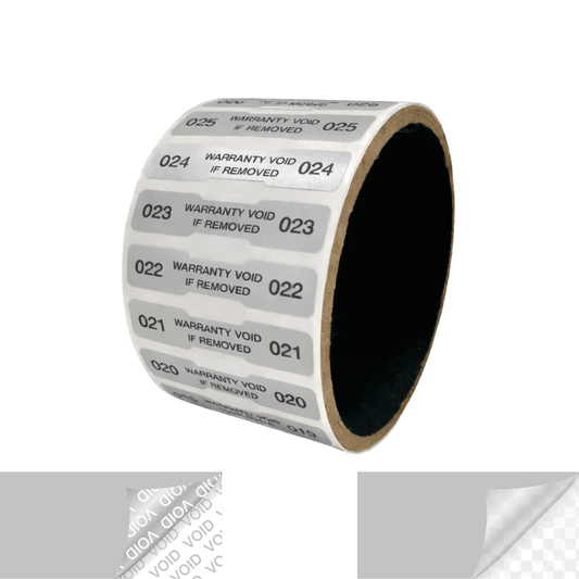 250 TamperVoidPro® Tamper Evident Security Labels Seal Sticker, Dogbone Shape Size 1.75" x 0.375 (44mm x 9mm). Printed: Warranty Void if Removed + Serialization.