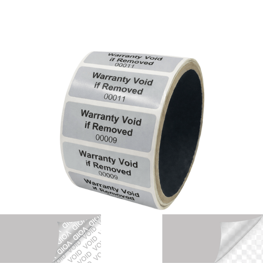 5,000 TamperVoidPro® Metallic Silver Matte Tamper Evident Security Labels Seal Sticker, Rectangle 2" x 0.75" (51mm x 19mm). Printed: Warranty Void if Removed + Serialization