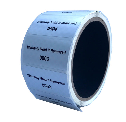 10,000 TamperVoidPro® Metallic Silver Matte Tamper Evident Security Labels Seal Sticker, Rectangle 2" x 1" (51mm x 25mm). Printed: Warranty Void if Label Removed + Serial Number.