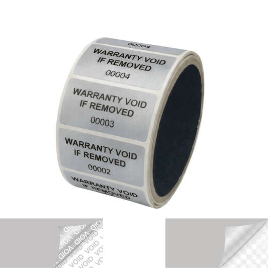 5,000 TamperVoidPro® Metallic Silver Matte Tamper Evident Security Labels Seal Sticker, Rectangle 2" x 1" (51mm x 25mm). Printed: Warranty Void if Removed + Serial Number.