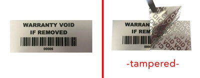 250 TamperVoidPro® Metallic Silver Matte Tamper Evident Security Labels Seal Sticker, Rectangle 2.75" x 1" (70mm x 25mm). Printed: Warranty Void if Label Removed + Serial Number.