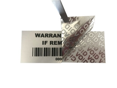 250 TamperVoidPro® Metallic Silver Matte Tamper Evident Security Labels Seal Sticker, Rectangle 2.75" x 1" (70mm x 25mm). Printed: Warranty Void if Label Removed + Serial Number.