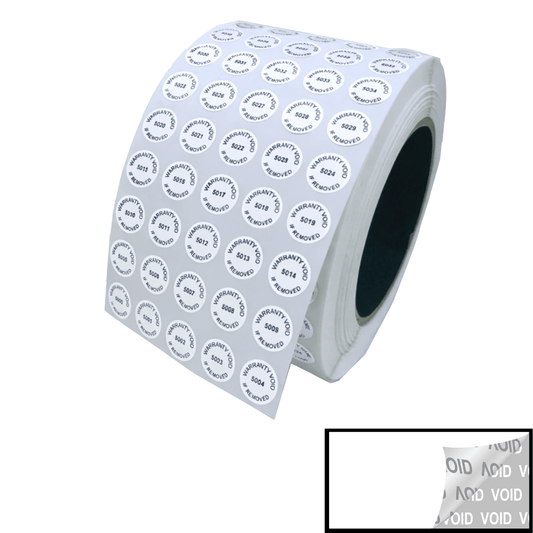 5,000 TamperVoidPro® White Tamper Evident Security Labels Seal Sticker, Round/ Circle 0.5" diameter (13mm). Printed: Warranty Void if Removed + Serialization