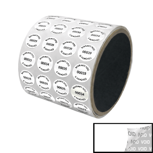 5,000 TamperVoidPro® White Tamper Evident Security Labels Seal Sticker, Round/ Circle 0.625" diameter (16mm). Printed: Warranty Void if Removed + Serialization