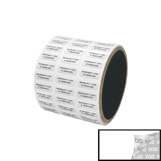 5,000 TamperVoidPro® White Tamper Evident Security Labels Seal Sticker, Rectangle 0.75" x 0.25" (19mm x 6mm). Printed: Warranty Void if Removed + Serialization.