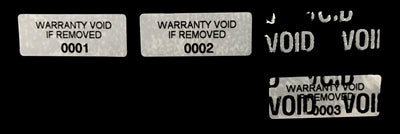 250 TamperVoidPro® White Tamper Evident Security Labels Seal Sticker, Rectangle 1" x 0.375" (25mm x 9mm). Printed: Warranty Void if Removed + Serialization.