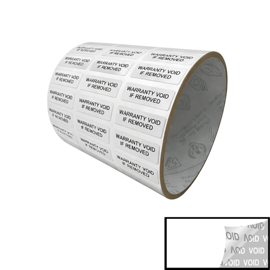 5,000 TamperVoidPro® White Tamper Evident Security Labels Seal Sticker, Rectangle 1" x 0.375" (25mm x 9mm). Printed: Warranty Void if Removed + Serialization.