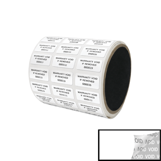 5,000 TamperVoidPro® White Tamper Evident Security Labels Seal Sticker, Rectangle 1" x 0.5" (25mm x 13mm). Printed: Warranty Void if Removed + Serialization.