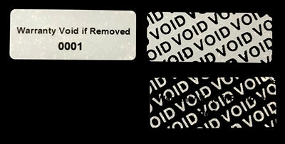 250 TamperVoidPro® White Tamper Evident Security Labels Seal Sticker, Rectangle 1.5" x 0.6" (38mm x 15mm). Printed: Warranty Void if Removed + Serial Number.