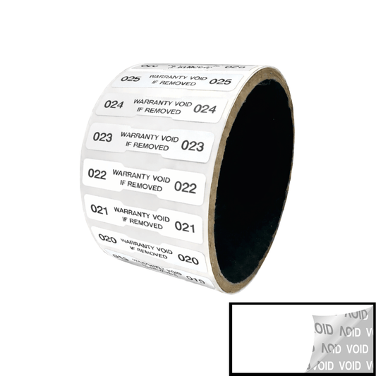 5,000 TamperVoidPro® White Tamper Evident Security Labels Seal Sticker, Dogbone Shape Size 1.75" x 0.375 (44mm x 9mm). Printed: Warranty Void if Removed + Serialization.