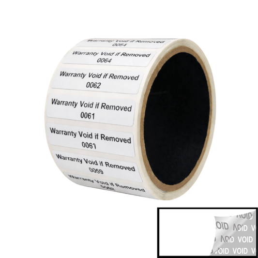 5,000 TamperVoidPro® White Tamper Evident Security Labels Seal Sticker, Rectangle 2" x 0.5" (51mm x 13mm). Printed: Warranty Void if Removed + Serialization.