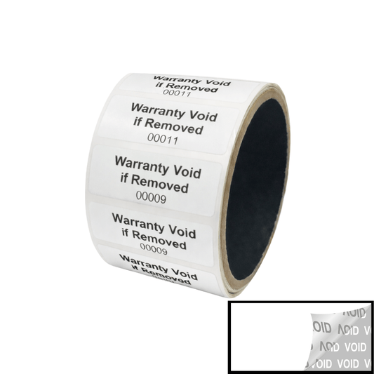 5,000 TamperVoidPro® White Tamper Evident Security Labels Seal Sticker, Rectangle 2" x 0.75" (51mm x 19mm). Printed: Warranty Void if Removed + Serialization