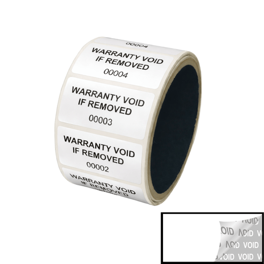 5,000 TamperVoidPro® White Tamper Evident Security Labels Seal Sticker, Rectangle 2" x 1" (51mm x 25mm). Printed: Warranty Void if Removed + Serialization