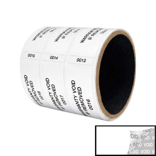 5,000 TamperVoidPro® White Tamper Evident Security Labels Seal Sticker, Rectangle 2.75" x 1" (70mm x 25mm). Printed: Warranty Void if Removed + Serialization