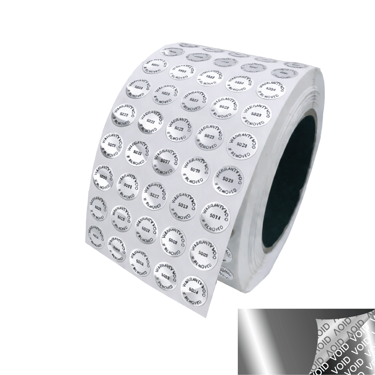 1,000 TamperVoid® Metallic Silver Chrome Tamper Evident Security Labels Seal Sticker, Round/ Circle 0.5" diameter (13mm). Printed: Warranty Void if Removed + Serialization