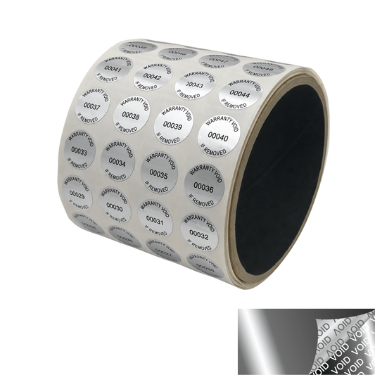 10,000 Metallic Tamper Evident Security Labels Silver Bright TamperVoid® Seal Sticker, Round/ Circle 0.625" diameter (16mm). Custom Printed. >Click on item details to customize.