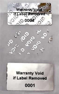 250 Silver Bright TamperVoid® Metallic Tamper Evident Security Labels Seal Sticker, Rectangle 2" x 1" (51mm x 25mm). Printed: Warranty Void if Removed + Serial Number.
