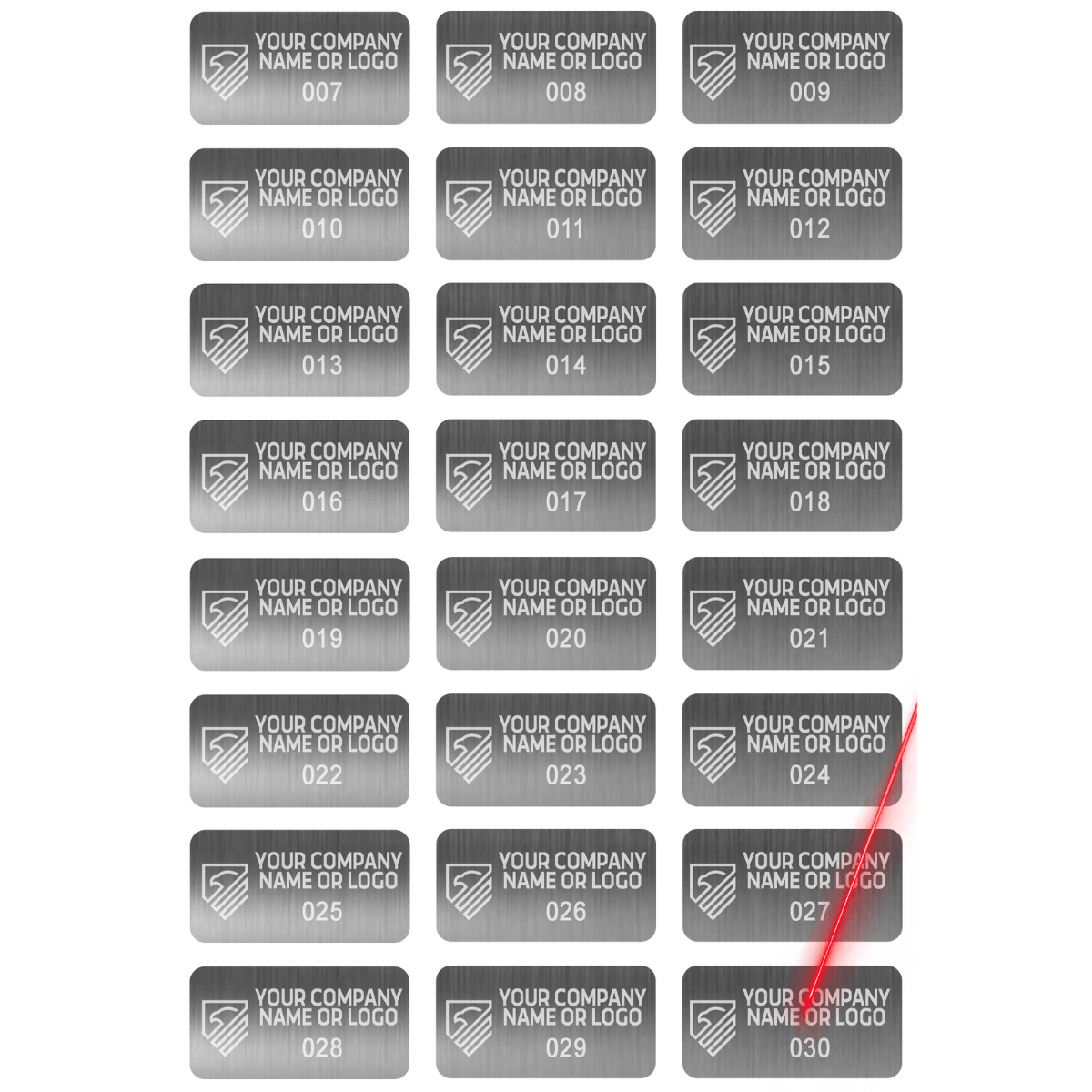 2,000 Brushed Chrome Finish Asset Identification Security Labels 1" x 0.5" (25mm x 13mm), Demetalized Laser Customization. >Click on item details to customize it.