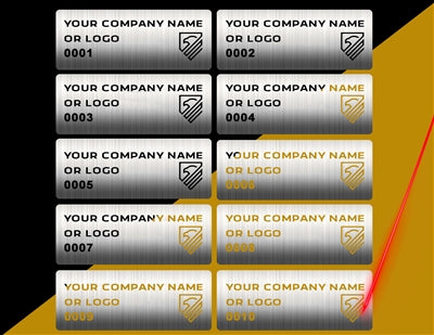 5,000 Brushed Chrome Finish Asset Identification Security Labels 1.5" x  0.6" (38mm x 15mm), Demetalized Laser Customization. >Click on item details to customize it.