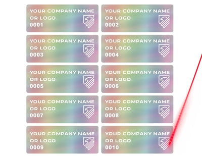 5,000 Rainbow Finish Asset Identification Security Labels 1.5" x  0.6" (38mm x 15mm), Demetalized Laser Customization. >Click on item details to customize it.