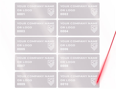 5,000 Silver Matte Asset Identification Security Labels 1.5" x  0.6" (38mm x 15mm), Demetalized Laser Customization. >Click on item details to customize it.