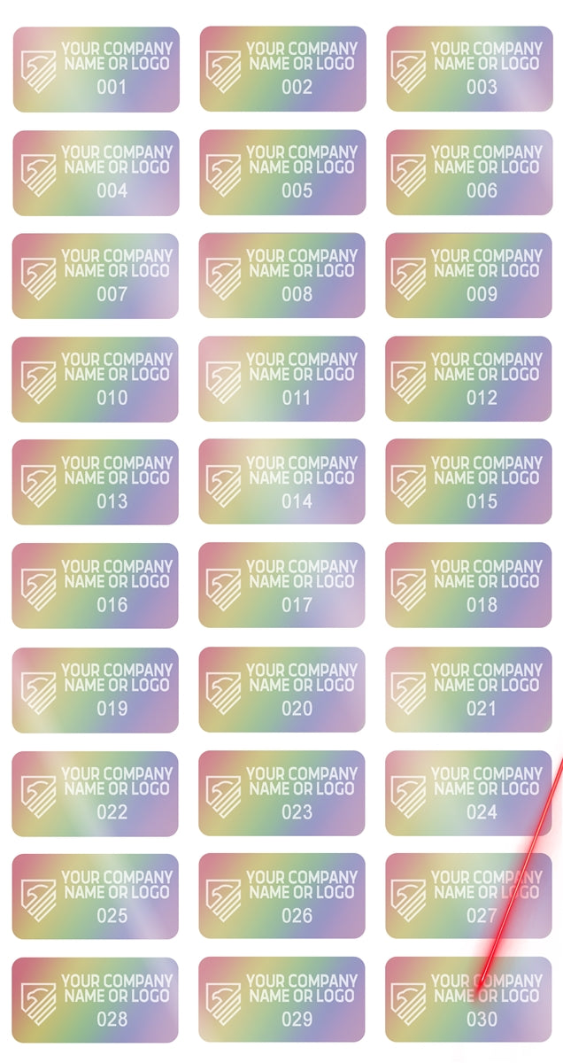5,000 Rainbow TamperColor® Tamper Evident Security Label Seal Sticker, Rectangle 1" x 0.5" (25mm x 13mm). Demetalized Laser Customization. >Click on item details to customize it.