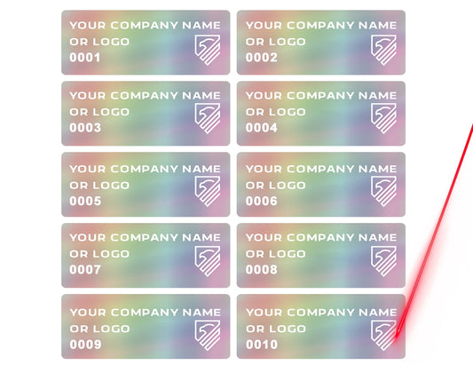 5,000 Holographic Rainbow TamperGuard® Tamper Evident Security Label Seal Sticker Non Residue, Rectangle 1.5" x 0.6" (38mm x 15mm). Demetalized Laser Customization. >Click on item details to customize it.