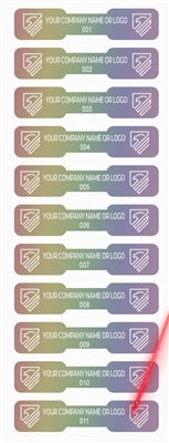 5,000 Holographic Rainbow TamperGuard® Tamper Evident Security Label Seal Sticker Non Residue, Dogbone Shape Size 1.75" x 0.375 (44mm x 9mm). Demetalized Laser Customization. >Click on item details to customize it.
