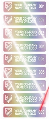 5,000 Holographic Rainbow TamperGuard® Tamper Evident Security Label Seal Sticker Non Residue, Rectangle 2" x 0.5" (51mm x 13mm). Demetalized Laser Customization. >Click on item details to customize it.