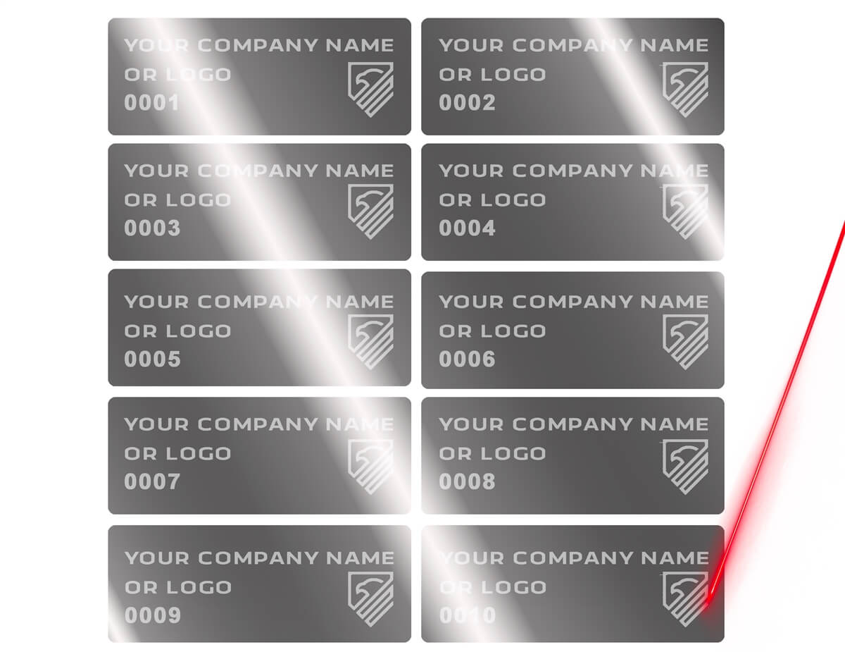 5,000 Silver Bright/ Chrome TamperGuard® Tamper-Evident Security Label Seal Sticker Non Residue, Rectangle 1.5" x 0.6" (38mm x 15mm). Demetalized Laser Customization. >Click on item details to customize it.