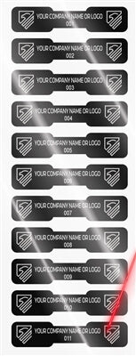 5,000 Silver Bright/ Chrome Finish TamperGuard® Tamper Evident Security Label Seal Sticker Non Residue, Dogbone Shape Size 1.75" x 0.375 (44mm x 9mm). Demetalized Laser Customization. >Click on item details to customize it.