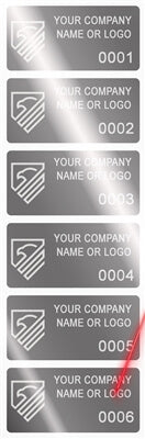 5,000 Silver Bright/ Chrome TamperGuard® Tamper Evident Security Label Seal Sticker Non Residue, Rectangle 2" x 1" (51mm x 25mm). Demetalized Laser Customization. >Click on item details to customize it.