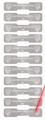 5,000 Silver Matte TamperGuard® Tamper Evident Security Label Seal Sticker Non Residue, Dogbone Shape Size 1.75" x 0.375 (44mm x 9mm). Demetalized Laser Customization. >Click on item details to customize it.