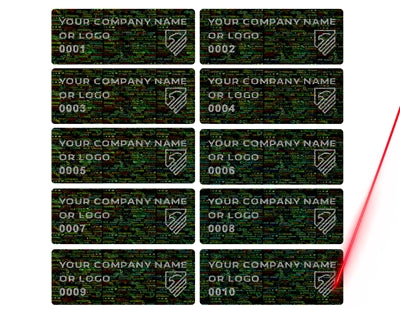 5,000 Tamper Evident Holographic Bright Black Security Label Seal Sticker, Rectangle 1.5" x 0.6" (38mm x 15mm). Demetalized Laser Customization. >Click on item details to customize it.