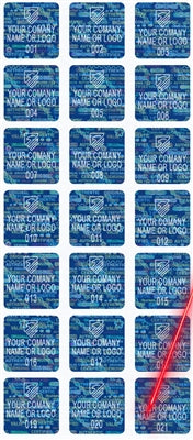 5,000 Tamper Evident Holographic Bright Blue Security Label Seal Sticker, Square 0.75" (19mm). Demetalized Laser Customization. >Click on item details to customize it.