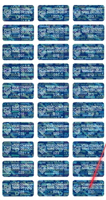 5,000 Tamper Evident Hologram Bright Blue Security Label Seal Sticker, Rectangle 1" x 0.5" (25mm x 13mm). Demetalized Laser Customization. >Click on item details to customize it.