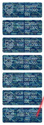 5,000 Tamper Evident Holographic Bright Blue Security Label Seal Sticker, Rectangle 2" x 0.75" (51mm x 19mm). Demetalized Laser Customization. >Click on item details to customize it.