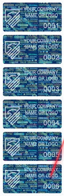 5,000 Tamper Evident Hologram Bright Blue Security Label Seal Sticker, Rectangle 2" x 1" (51mm x 25mm). Demetalized Laser Customization. >Click on item details to customize it.