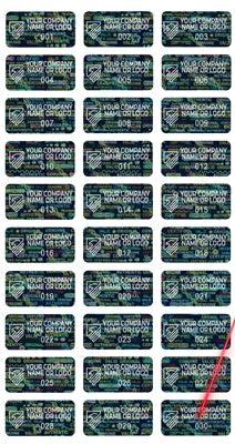 5,000 Tamper Evident Hologram Bright Black Security Label Seal Sticker, Rectangle 1" x 0.5" (25mm x 13mm). Demetalized Laser Customization. >Click on item details to customize it.