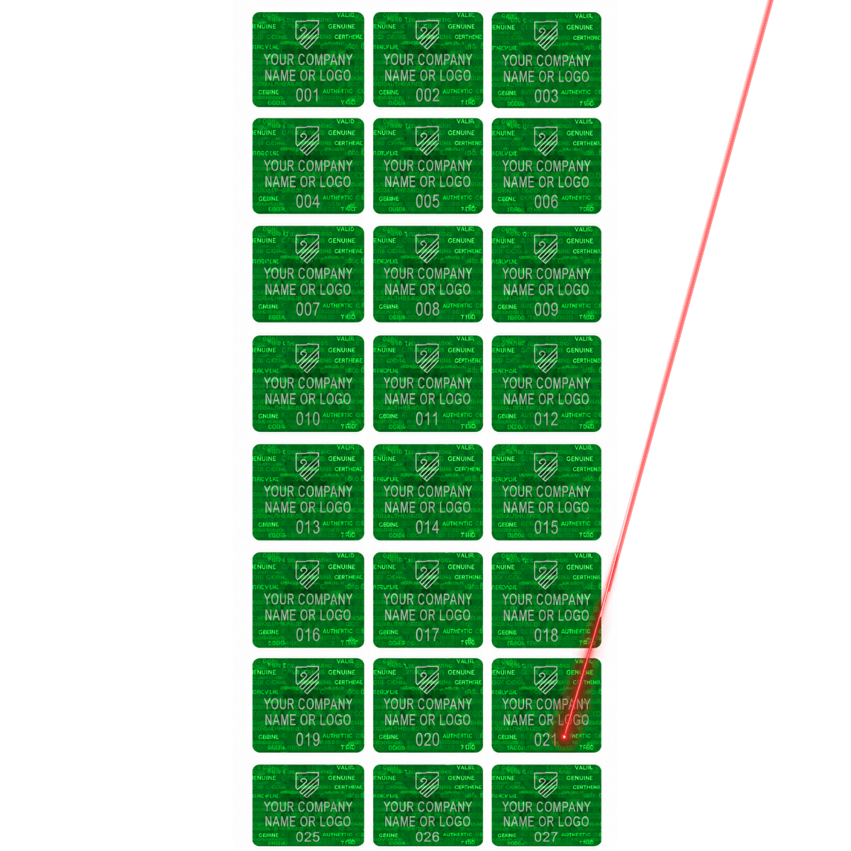 5,000 Tamper Evident Holographic Bright Green Security Label Seal Sticker, Rectangle .75" x 0.6" (19mm x 15mm). Demetalized Laser Customization. >Click on item details to customize it.