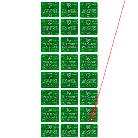 5,000 Tamper Evident Holographic Bright Green Security Label Seal Sticker, Rectangle .75" x 0.6" (19mm x 15mm). Demetalized Laser Customization. >Click on item details to customize it.