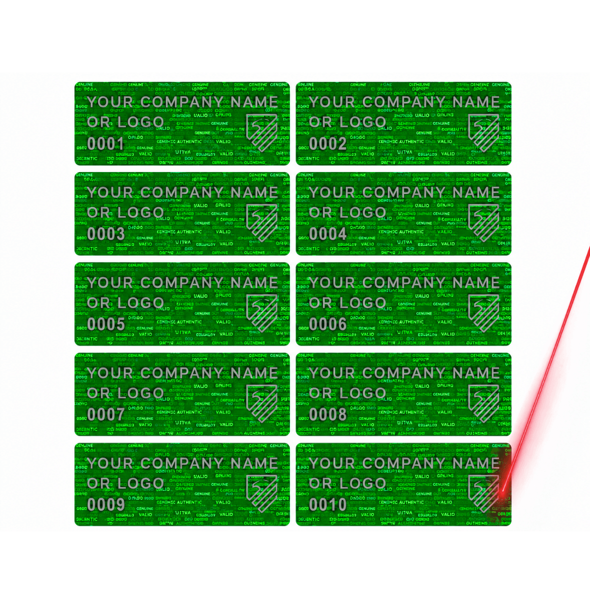 5,000 Tamper Evident Hologram Bright Green Security Label Seal Sticker, Rectangle 1.5" x 0.6" (38mm x 15mm). Demetalized Laser Customization. >Click on item details to customize it.
