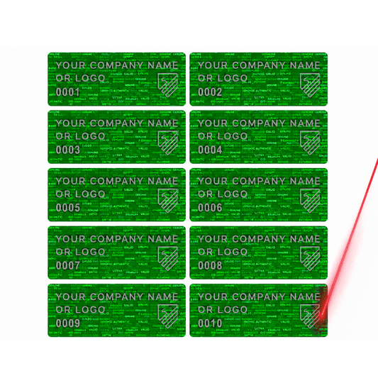 5,000 Tamper Evident Hologram Bright Green Security Label Seal Sticker, Rectangle 1.5" x 0.6" (38mm x 15mm). Demetalized Laser Customization. >Click on item details to customize it.
