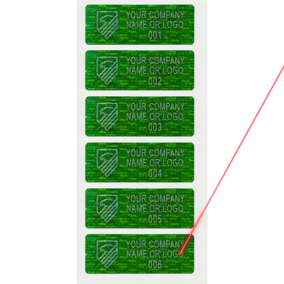 5,000 Tamper Evident Holographic Bright Green Security Label Seal Sticker, Rectangle 2" x 0.75" (51mm x 19mm). Demetalized Laser Customization. >Click on item details to customize it.