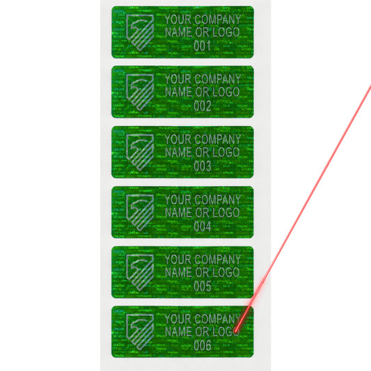 5,000 Tamper Evident Holographic Bright Green Security Label Seal Sticker, Rectangle 2" x 0.75" (51mm x 19mm). Demetalized Laser Customization. >Click on item details to customize it.