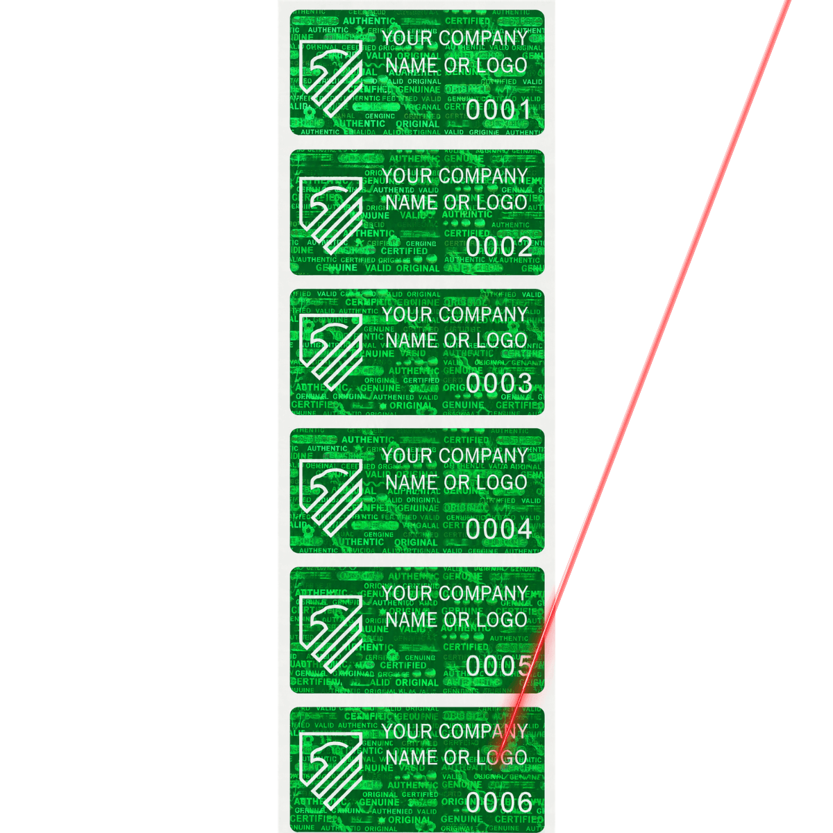 1,000 Tamper Evident Holographic Bright Green Security Label Seal Sticker, Rectangle 2" x 1" (51mm x 25mm). Demetalized Laser Customization. >Click on item details to customize it.