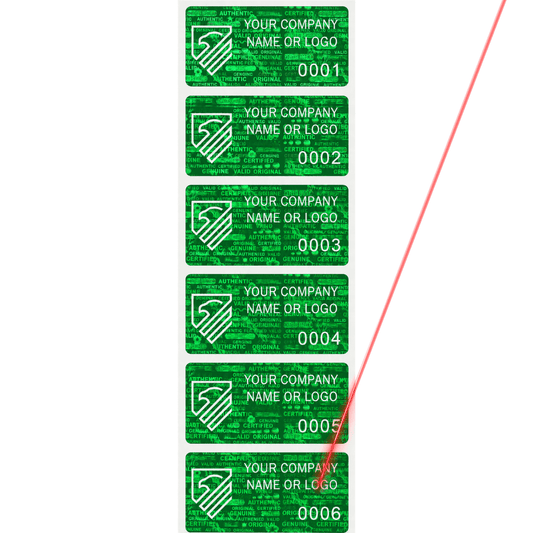 1,000 Tamper Evident Holographic Bright Green Security Label Seal Sticker, Rectangle 2" x 1" (51mm x 25mm). Demetalized Laser Customization. >Click on item details to customize it.