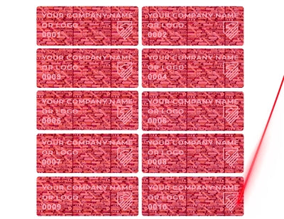 5,000 Tamper Evident Hologram Bright Red Security Label Seal Sticker, Rectangle 1.5" x 0.6" (38mm x 15mm). Demetalized Laser Customization. >Click on item details to customize it.