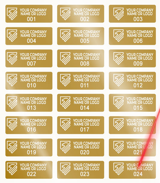 5,000 Gold TamperVoidPro Tamper Evident Security Labels Seal Sticker, Rectangle 1" x 0.375" (25mm x 9mm). Demetalized Laser Customization. >Click on item details to customize it.